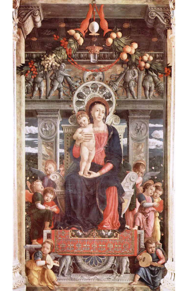 Андреа Мантенья. "Мадонна на троне и ангелы". 1459. Алтарь церкви Сан Дзено в Вероне. Триптих, центральная часть.