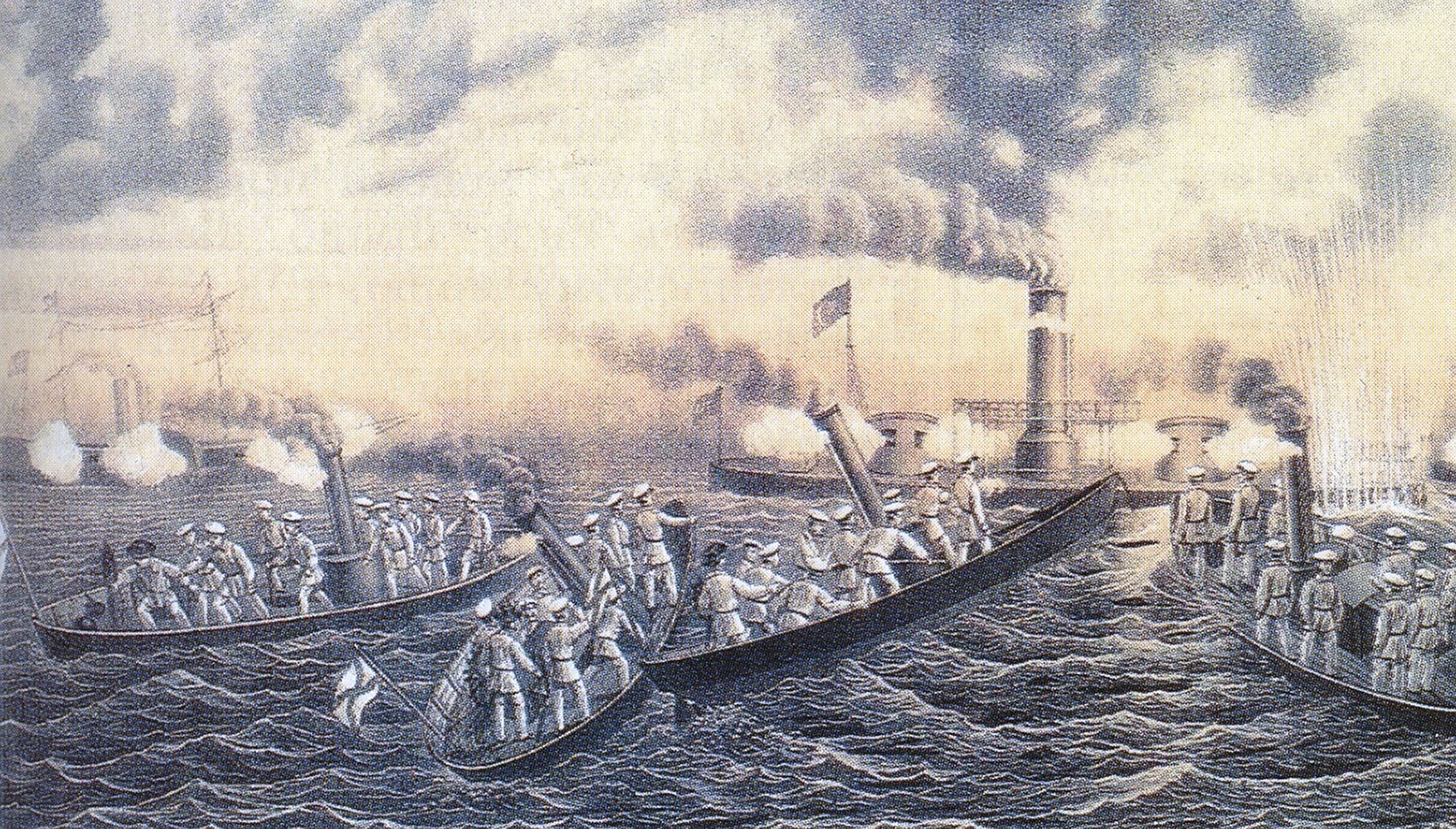 Атака русскими катерами турецкого монитора 14 мая 1878 года.