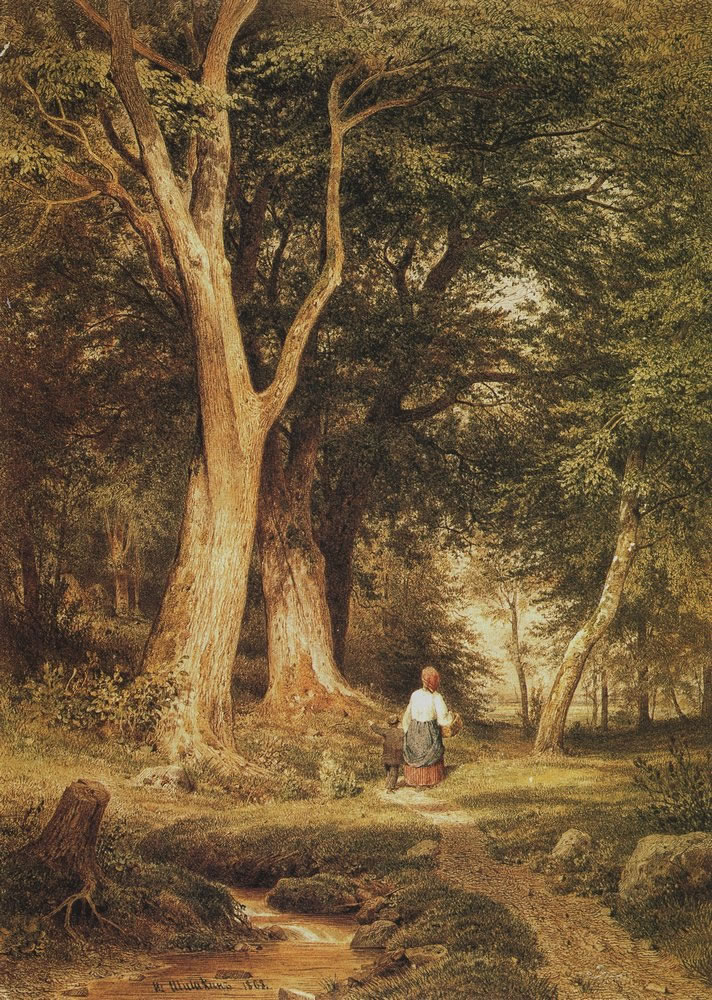 Иван Шишкин. Женщина с мальчиком в лесу. 1868.
