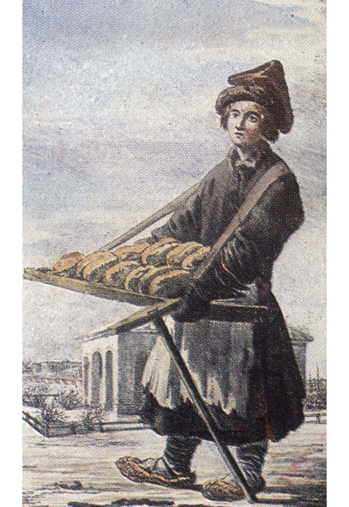 "Мальчик - разносчик булок". Раскрашенная литография с оригинала А. О. Орловского. 1820-е.