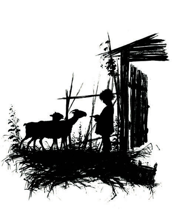Елизавета Бём (Эндаурова). Мальчик с козами. Силуэт. Из книги "Силуэты из жизни детей". 1877.