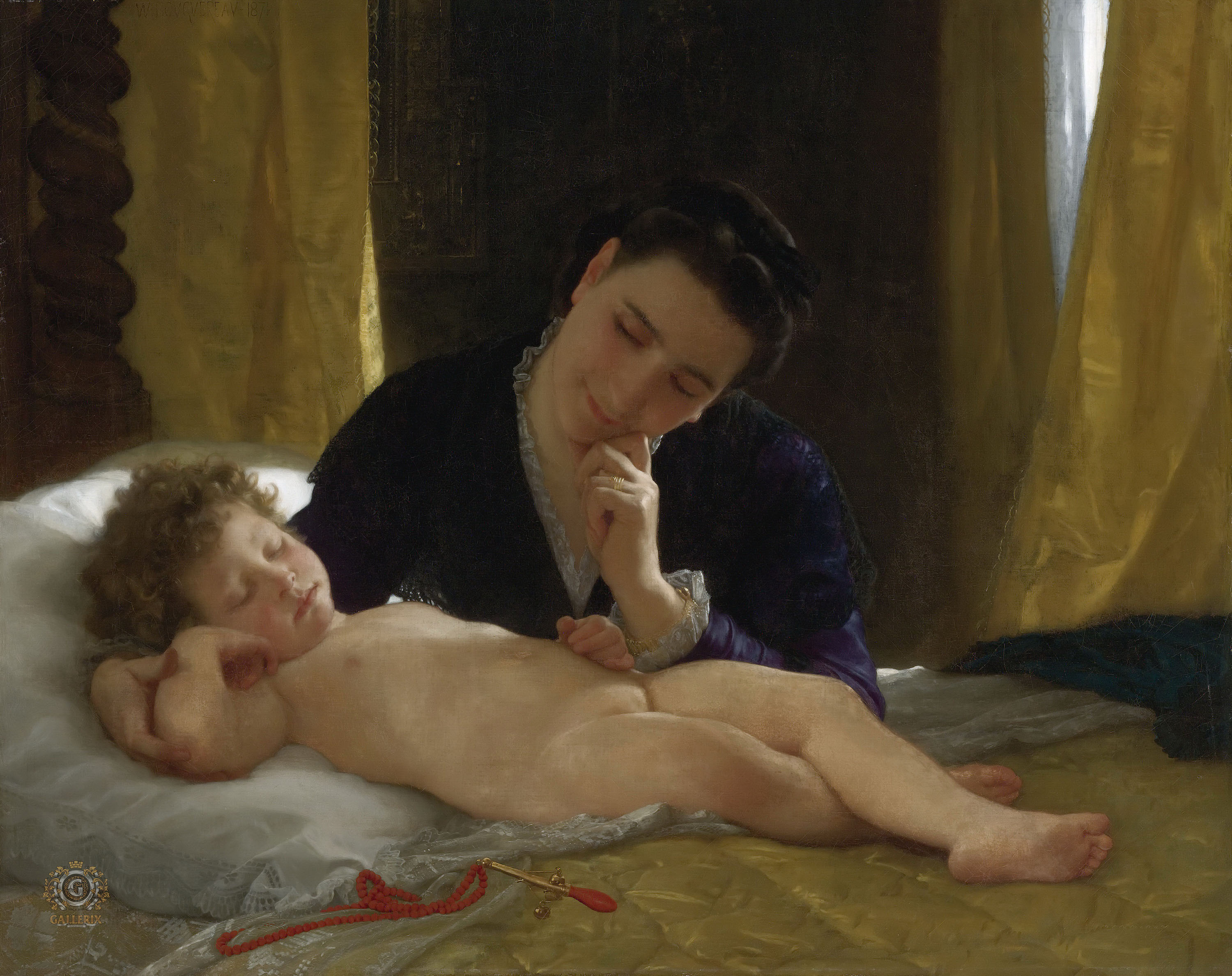 Адольф Вильям Бугро. "Молодая мать, наблюдающая за спящим ребёнком". 1871. Частная коллекция.