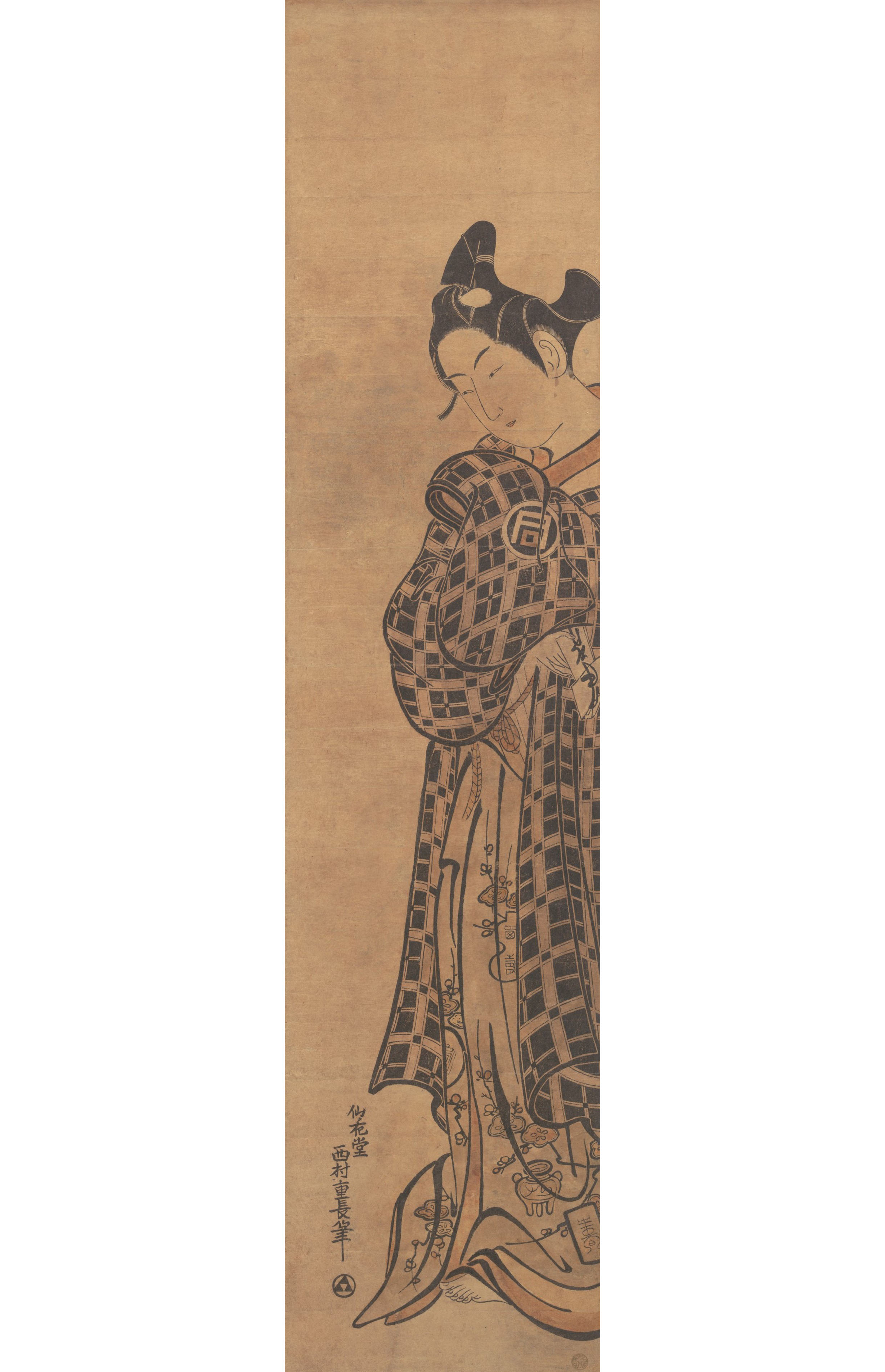 Нисимура Сигэнага. "Актер саногава Итимтсу в образе молодого человека, держащего сложенное письмо". Около 1765.