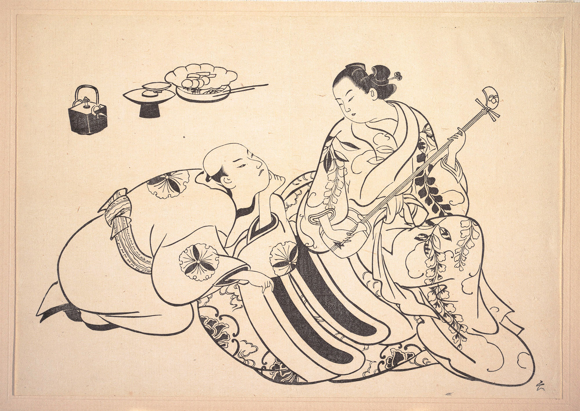 Окумура Масанобу. "Молодой человек на коленях слушает игру ойран (элитная проститутка) на сямисэне". 1705-1707.