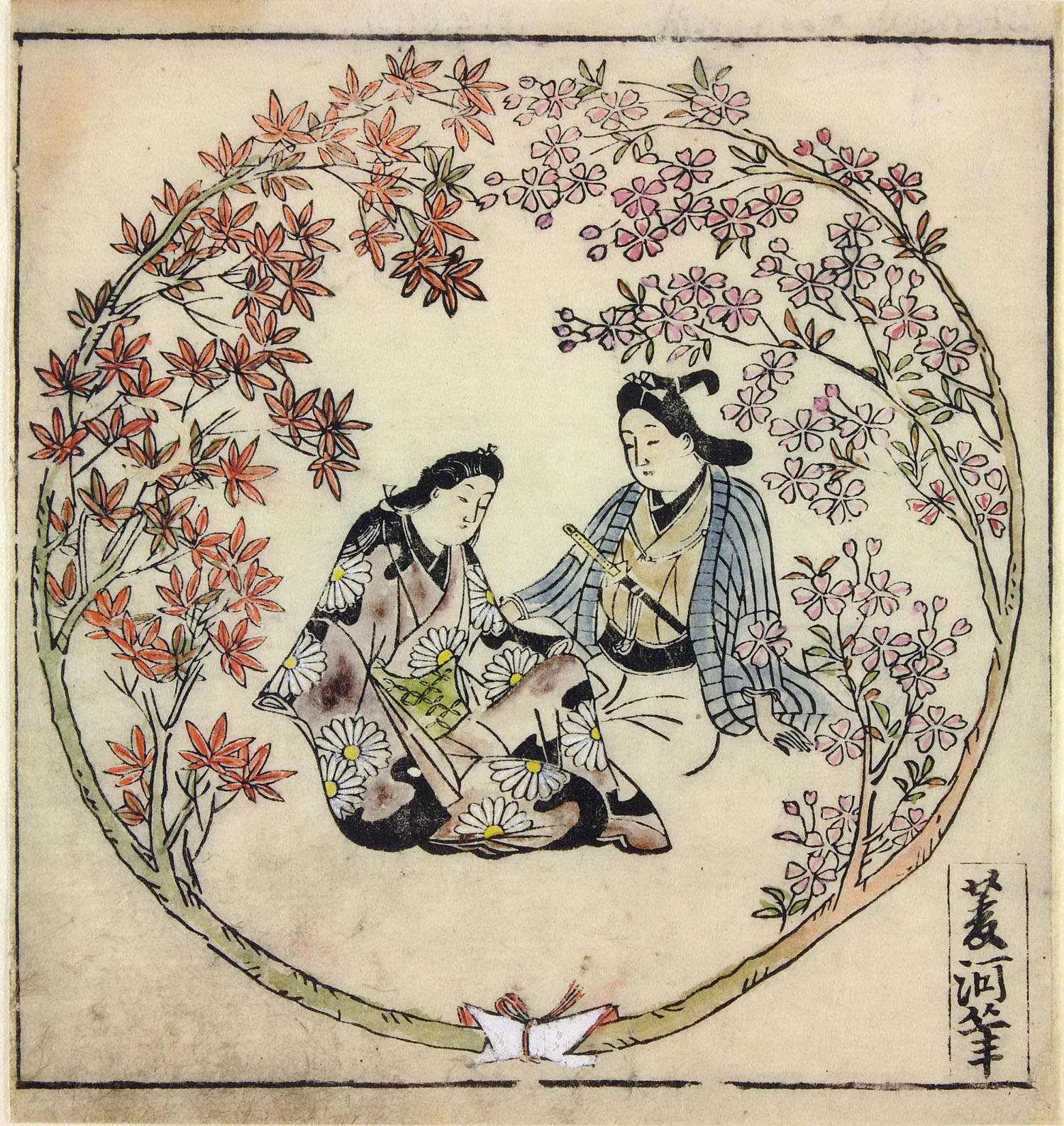 Моронобу Хисикава. "Молодые мужчина и женщина в рондо из клена и вишнёвых цветов" 1683.