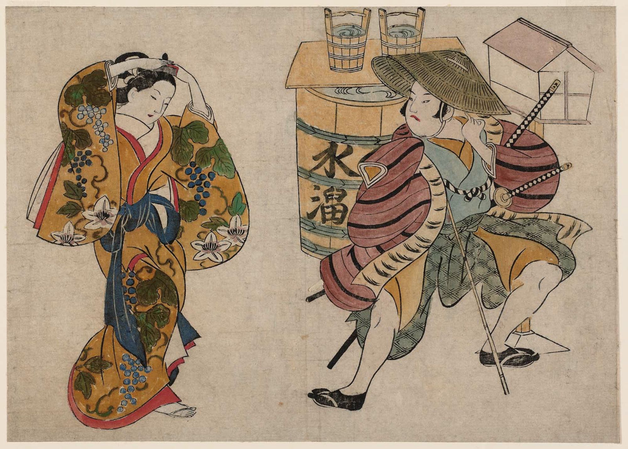 Окумура Масанобу. "Молодой самурай смотрит, как ойран поправляет свои волосы на улице".