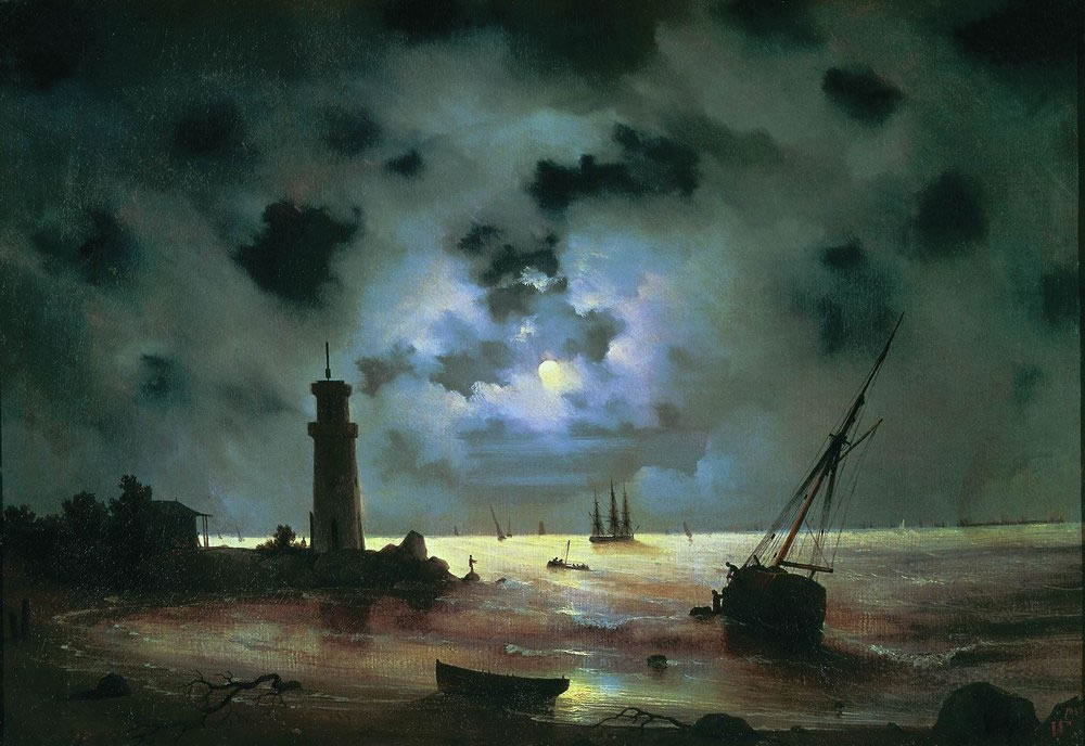 Иван Айвазовский. Берег моря ночью. У маяка. 1837.