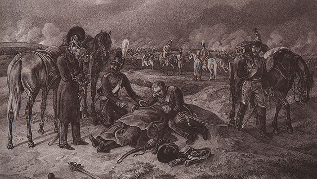 Литография по рисунку А. Адама. "Битва под Москвой 7 сентября 1812 года". 1830-е.