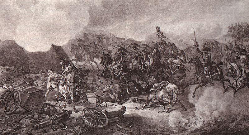 Литография по рисунку А. Адама. "Битва под Москвой 7 сентября 1812 года. Французская атака на батарею Раевского". 1830-е.