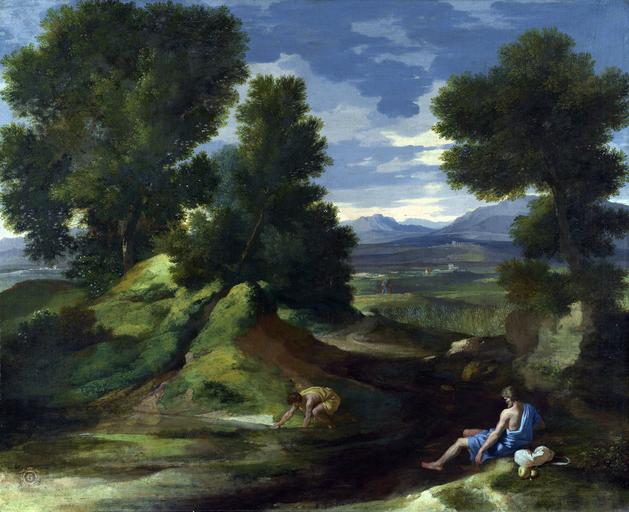 Никола Пуссен. "Пейзаж с мужчиной, черпающим воду из ручья". около 1637. Национальная галерея, Лондон.
