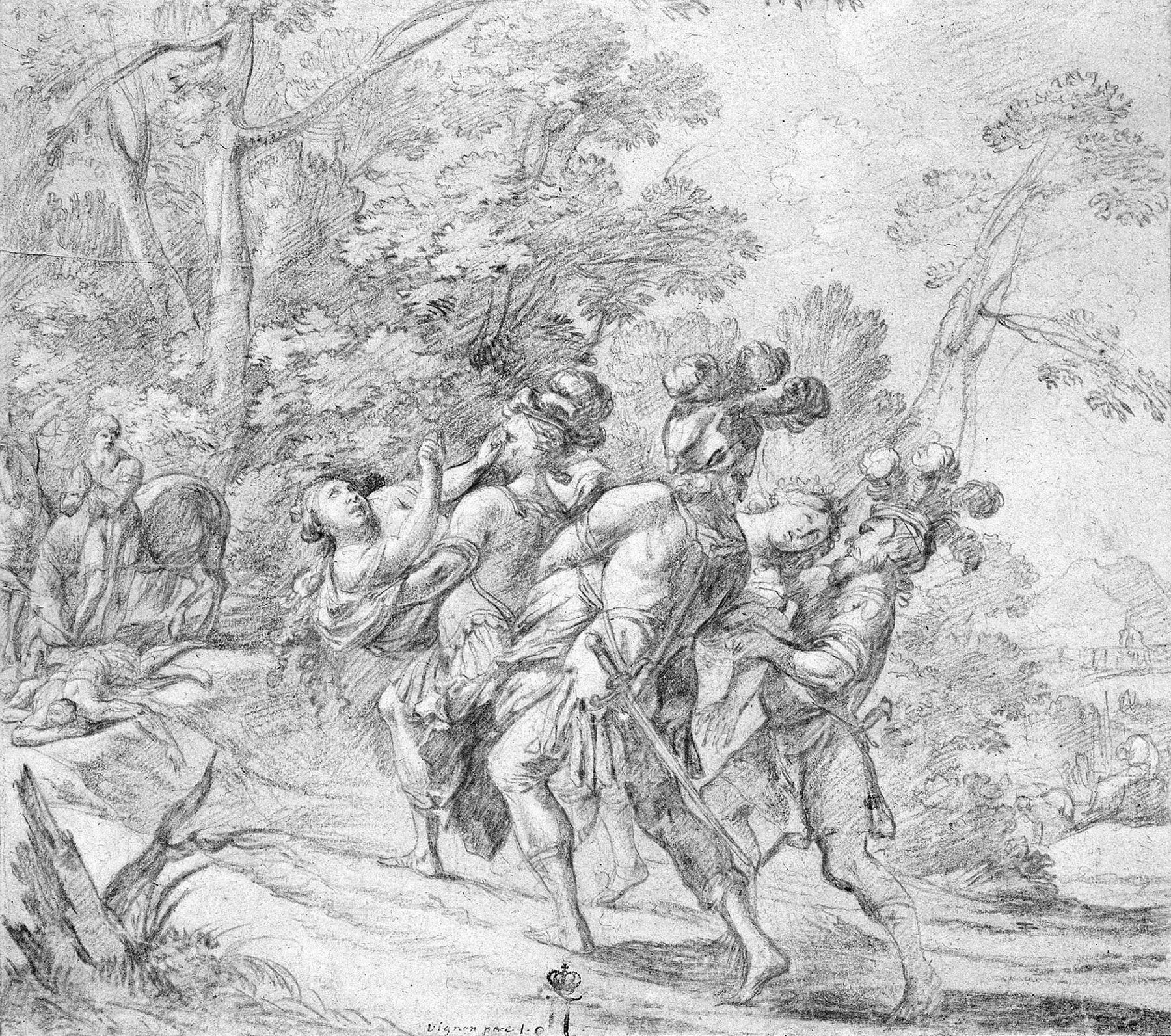 Клод Виньон. "Трое вооружённых мужчин в масках, захвативших Ариадну и Эрицину". До 1639. Эрмитаж, Санкт-Петербург.