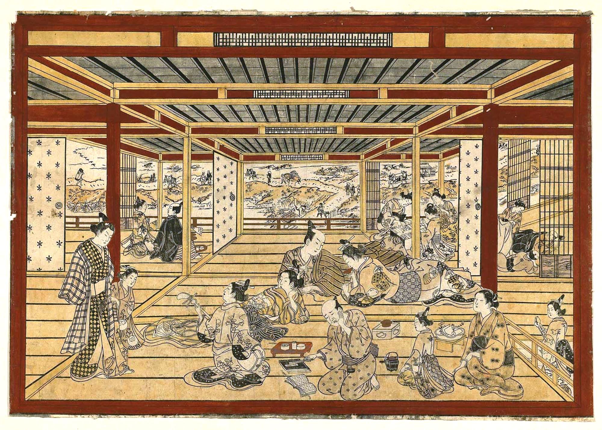 Окумура Масанобу. Интерьер салона в новом Ёсивара с видом на набережную. Около 1745.