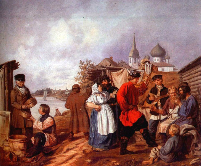 А. Попов. Народная сцена на ярмарке в Старой Ладоге. 1853.