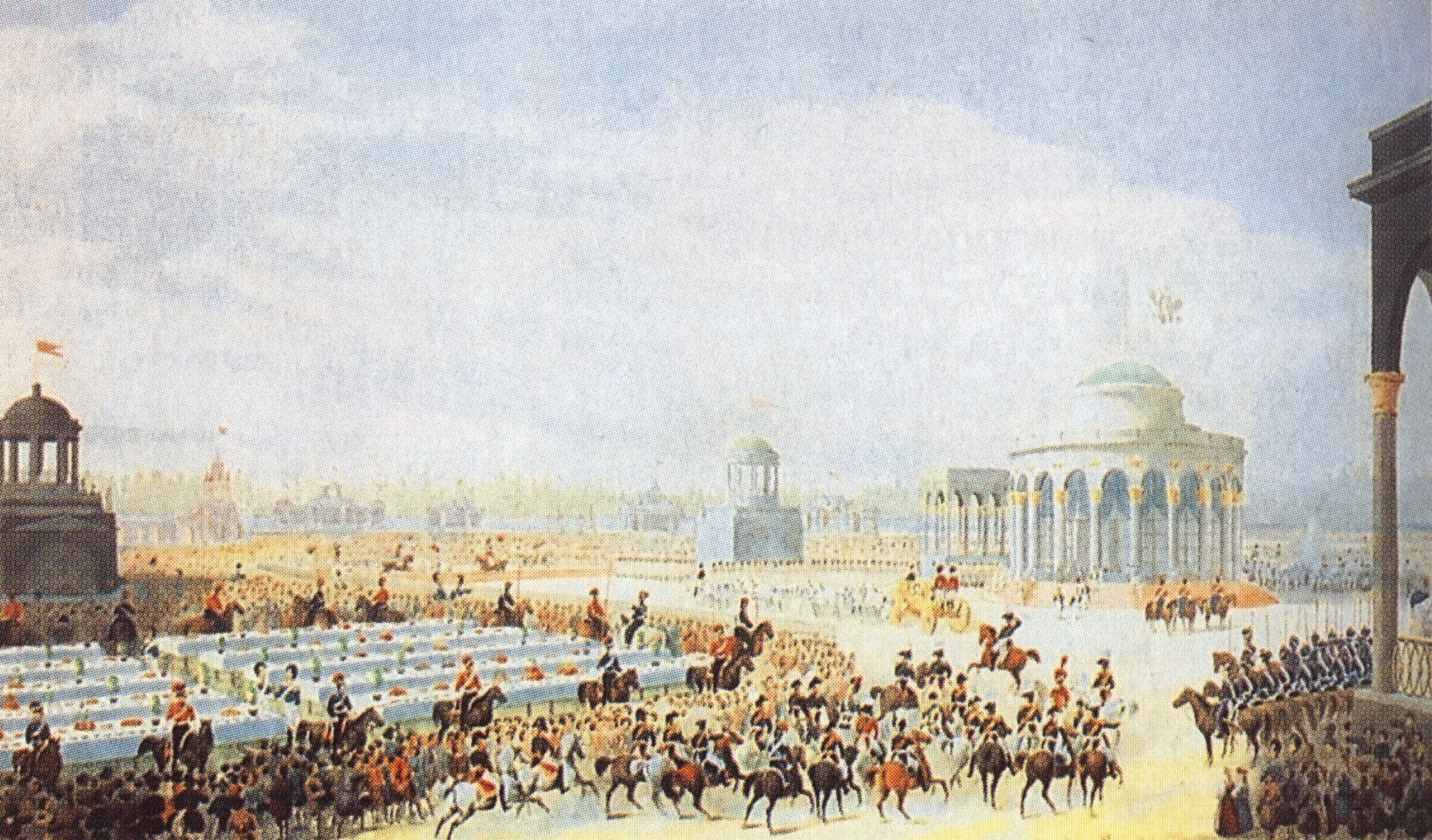 Народное празнество на девичьем поле во время коронации Николая I в 1826 году. Раскрашенная литография.