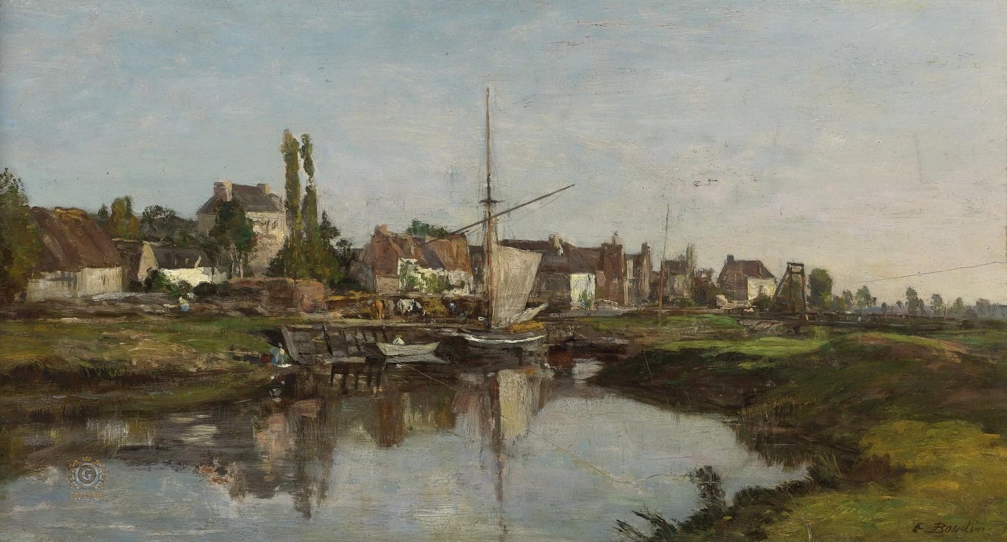 Эжен Буден. "Деревня в Нормандии на берегу реки". 1858-1862.