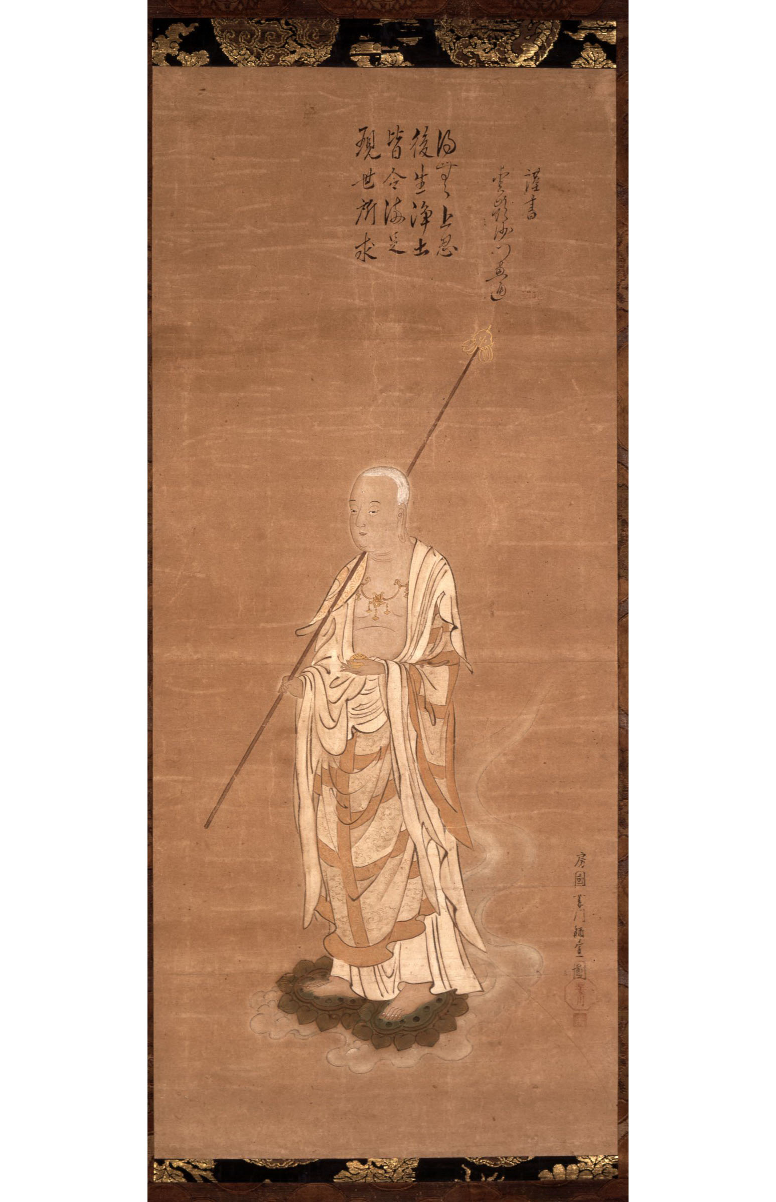 Моронобу Хисикава. Бодхисаттва Дзидзо стоит в белых монашеских одеждах на двух лотосах, покоящихся на облаке. 1681-1686.