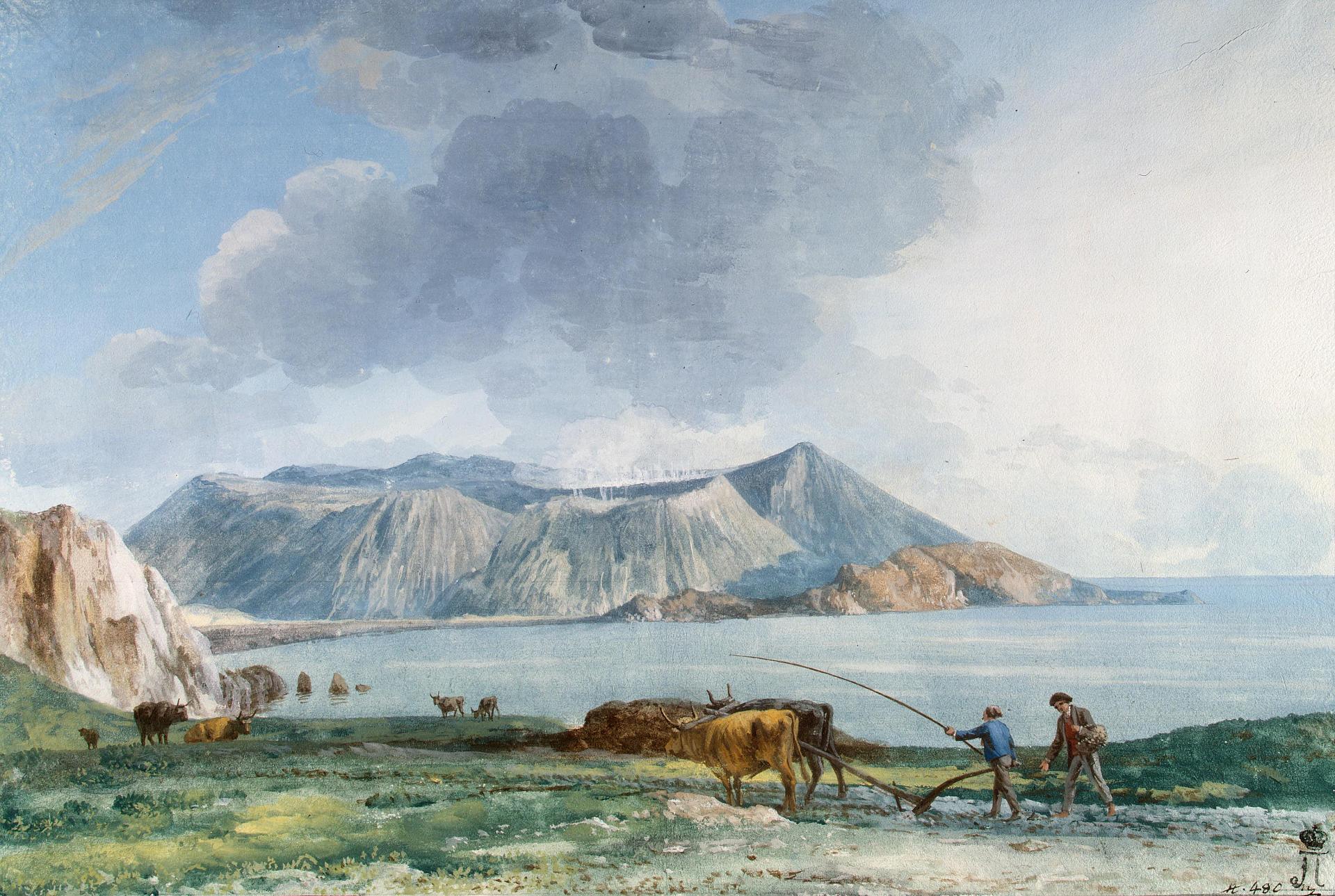 Жан-Пьер-Луи-Лоран Уэль. "Вид острова Вулкано с острова Липари". Между 1776-1779.
