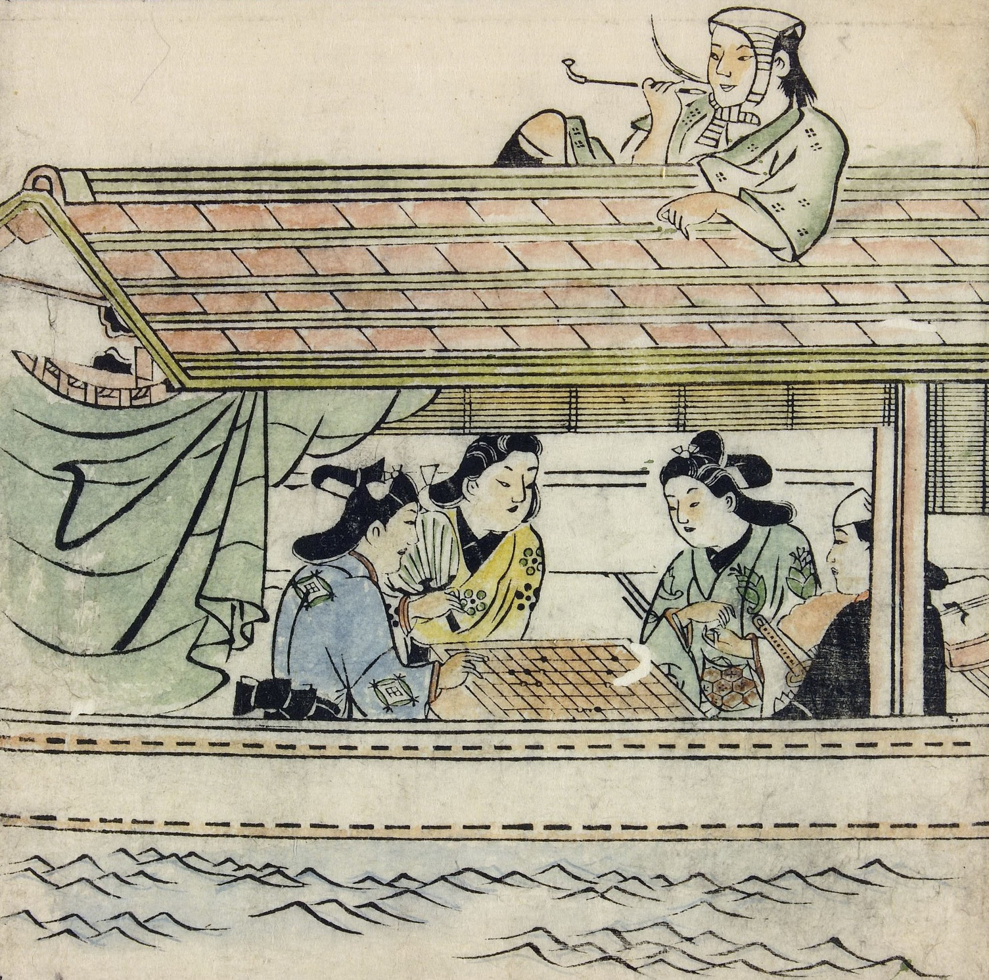 Моронобу Хисикава. Четверо, отдыхающих в лодке, и лодочник, курящий на крыше. 1683.