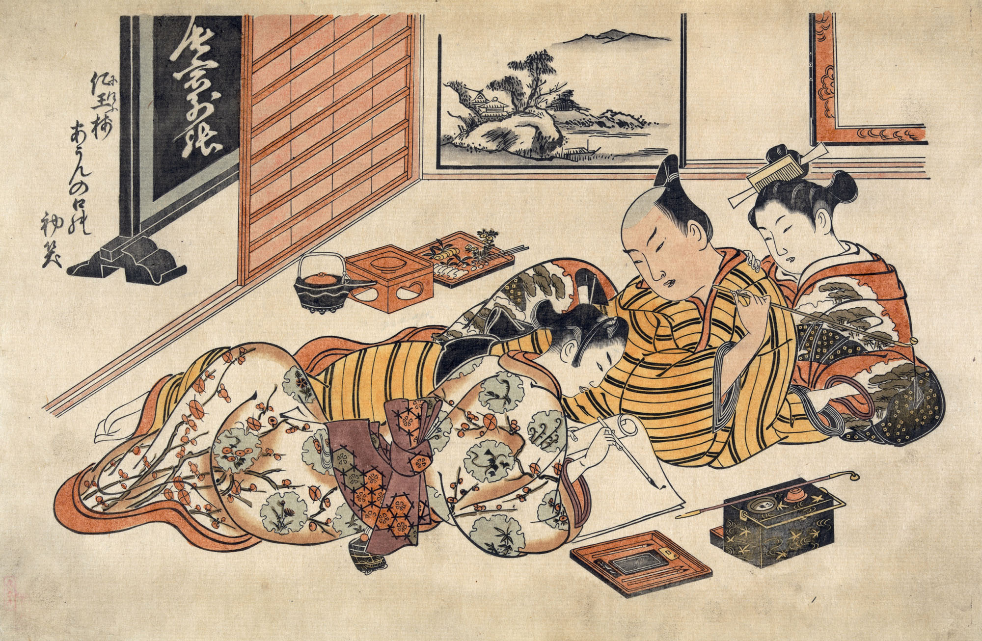 Окумура Масанобу. Мужчина между двумя женщинами, одна из которых пишет письмо. 1733.