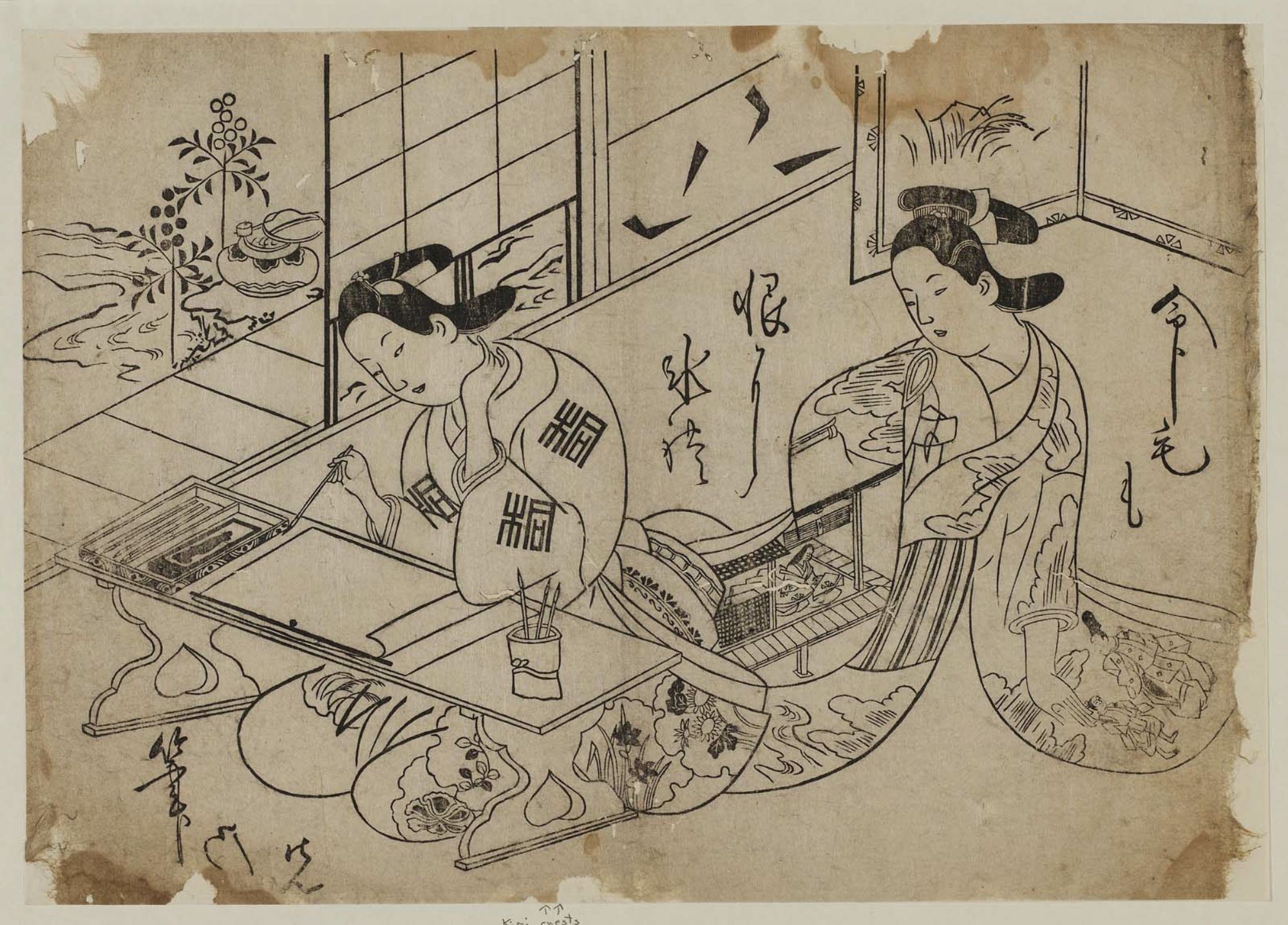 Окумура Масанобу. Молодая женщина смотрит на то, как пишет молодой человек.
