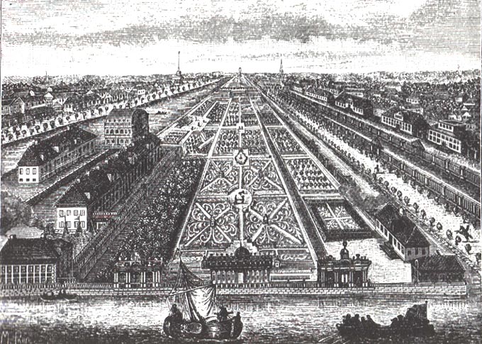 Летний сад и дворец в Петровское время. С гравюры 1716 года.
