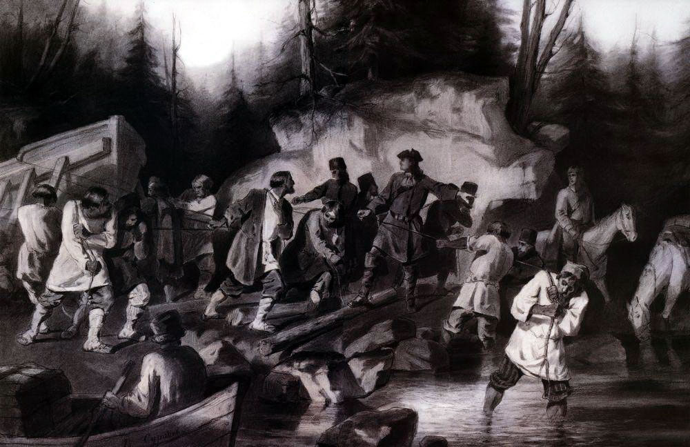 В. Суриков. Пётр I перетаскивает суда из Онежского залива в Онежское озеро в 1702 году. 1872.