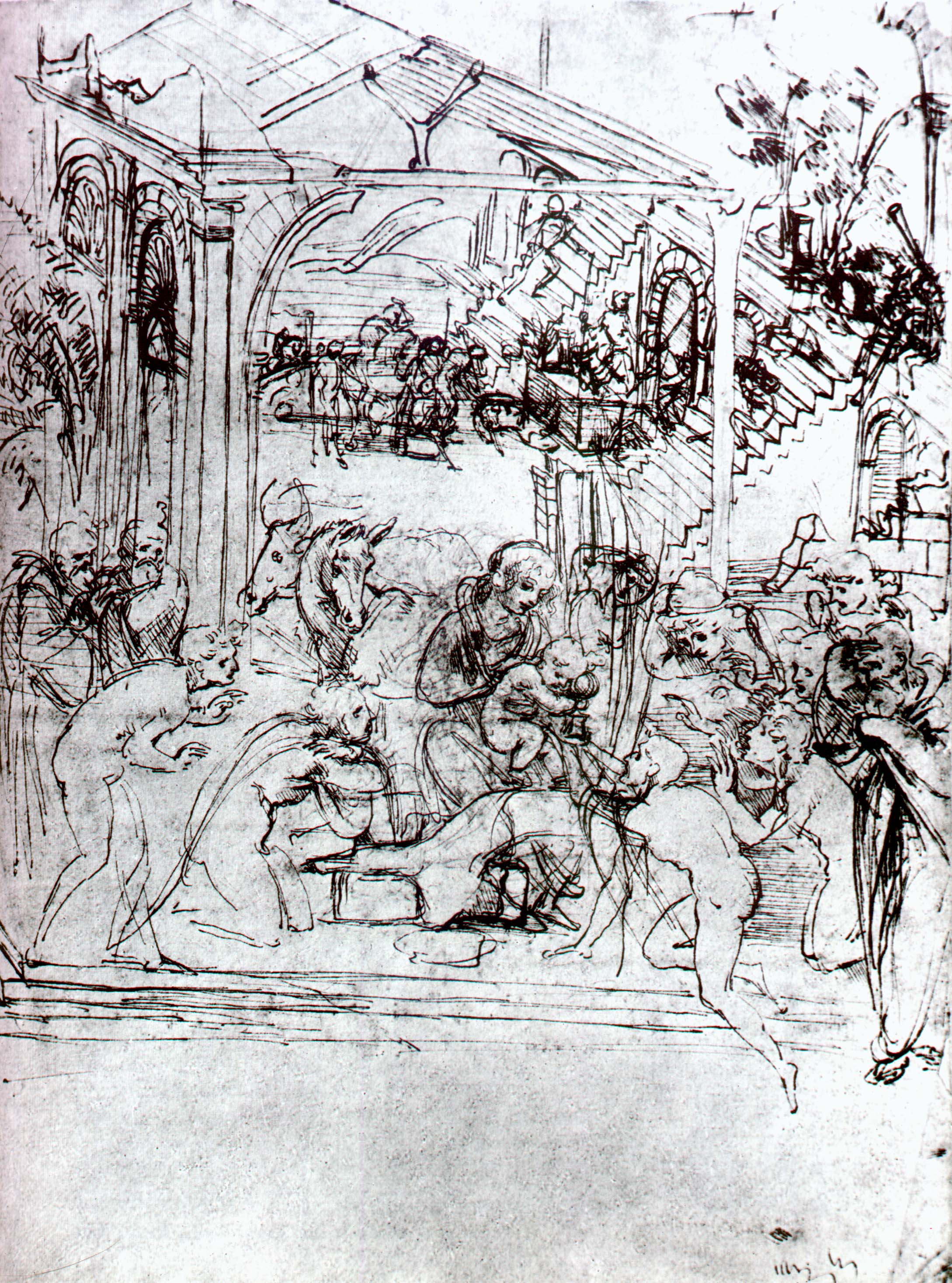 Леонардо да Винчи. Эскиз композиции "Поклонение волхвов. 1481.