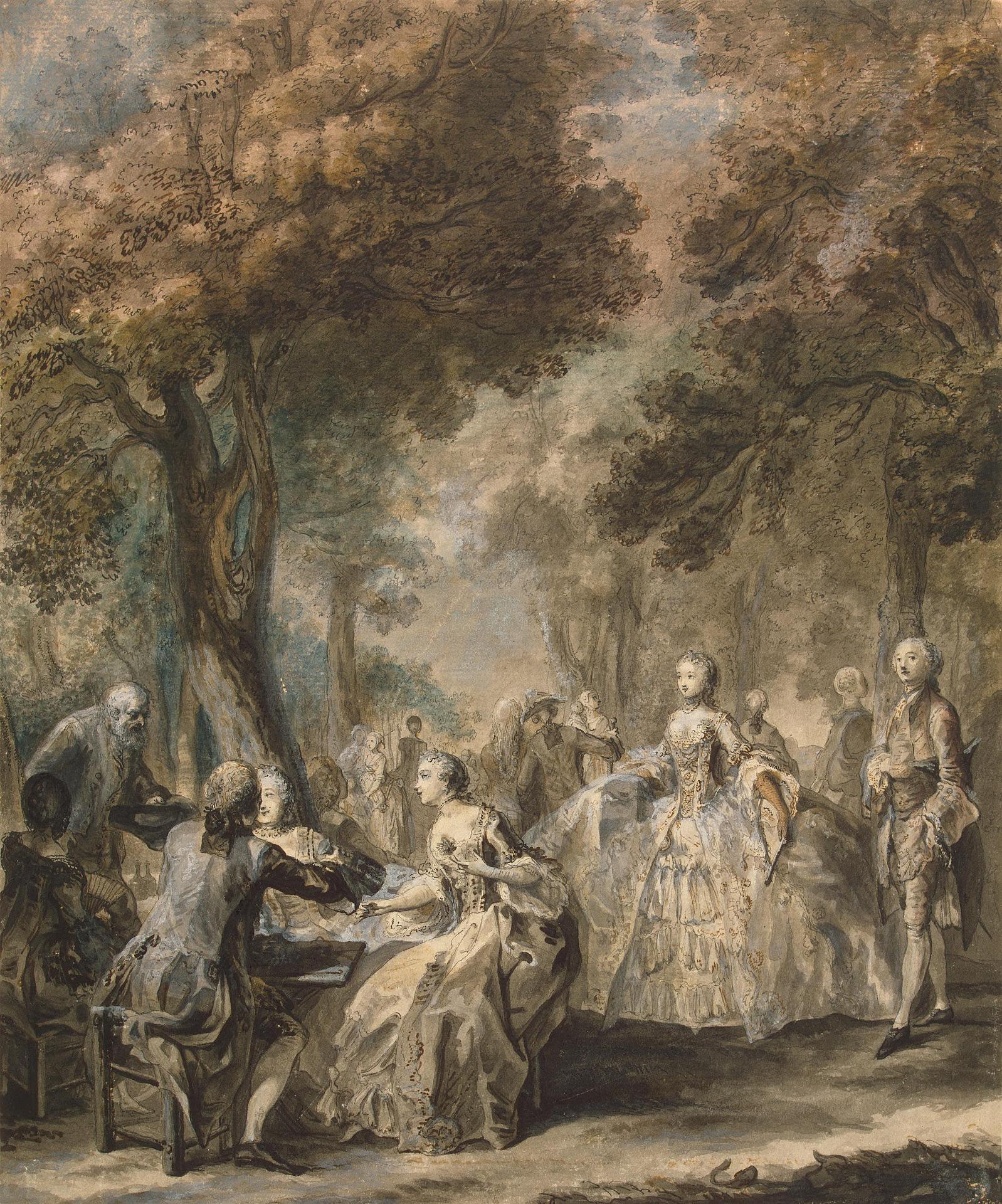 Габриель де Сент-Обен. "Общество на прогулке". 1760-1761.