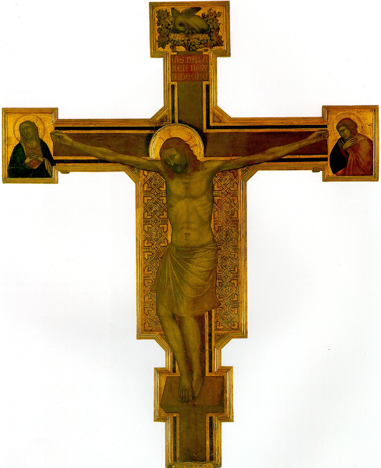 Мастерская Джотто. Распятие с Богоматерью, святым Иоанном Евангелистом и пеликаном на верхнем конце креста.