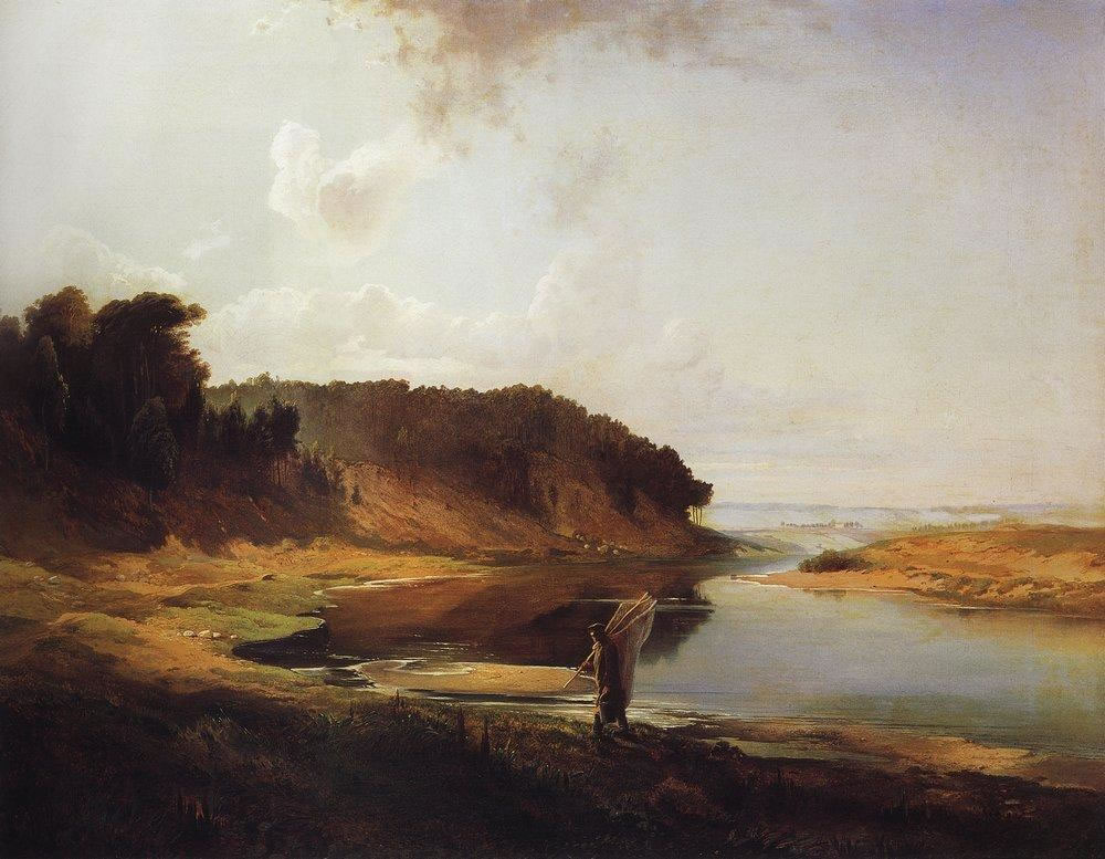 Алексей Кондратьевич Саврасов. "Пейзаж с рекой и рыбаком". 1859.