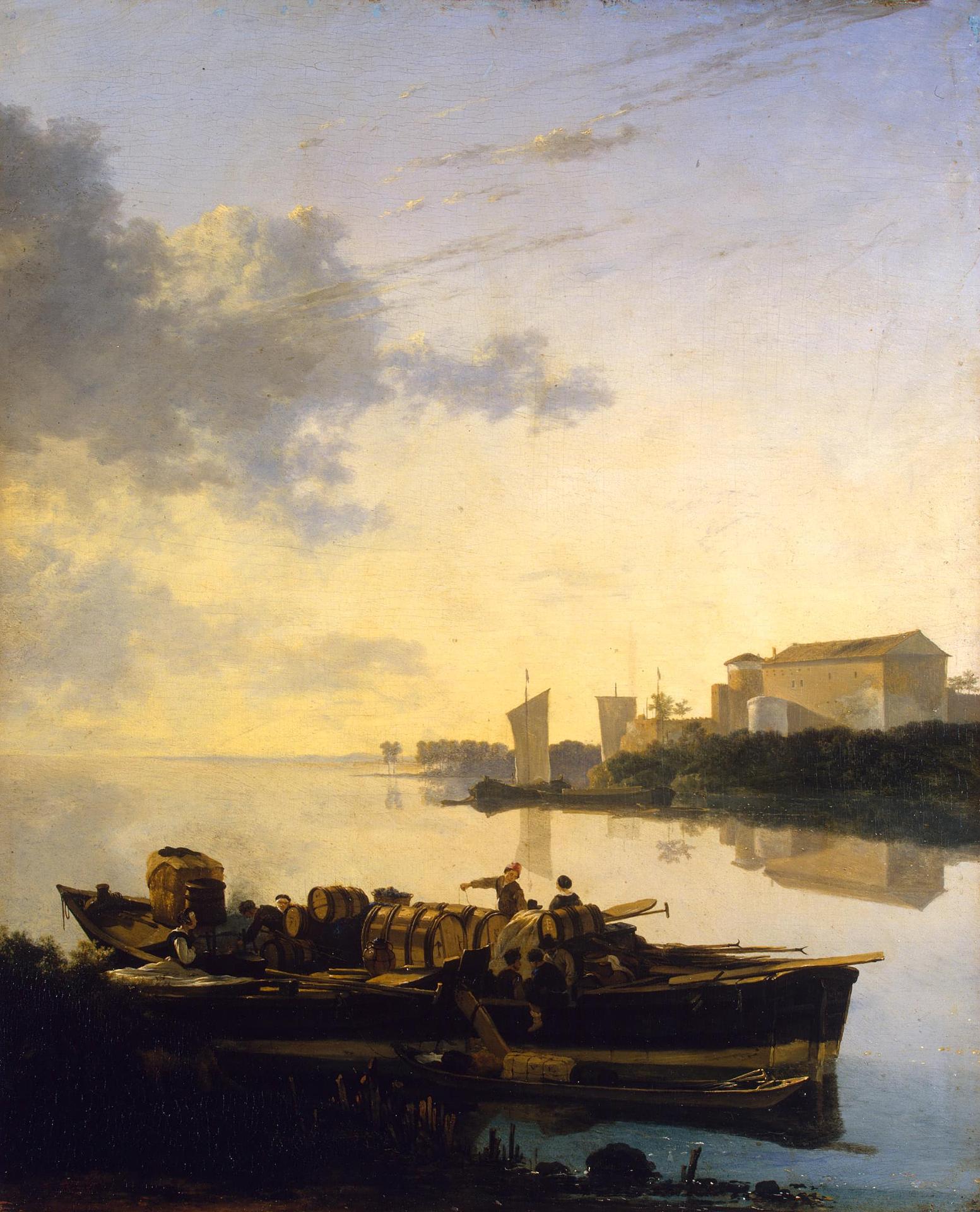 Адам Пейнакер. "Барка на реке при закате солнца". Около 1654. Эрмитаж, Санкт-Петербург.