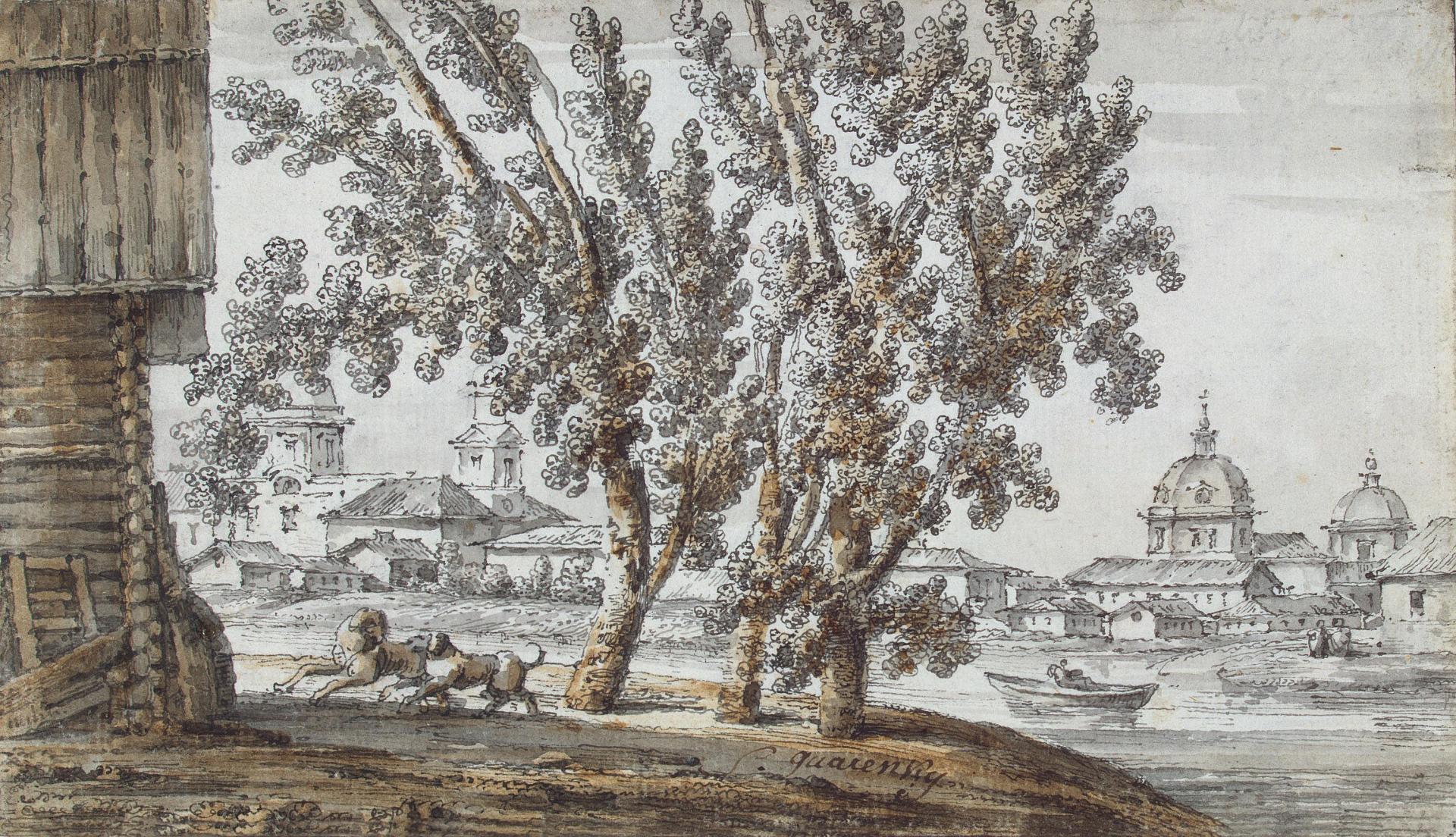 Джакомо Кваренги. "Пейзаж с церквями у реки". 1790-е. Эрмитаж, Санкт-Петербург.