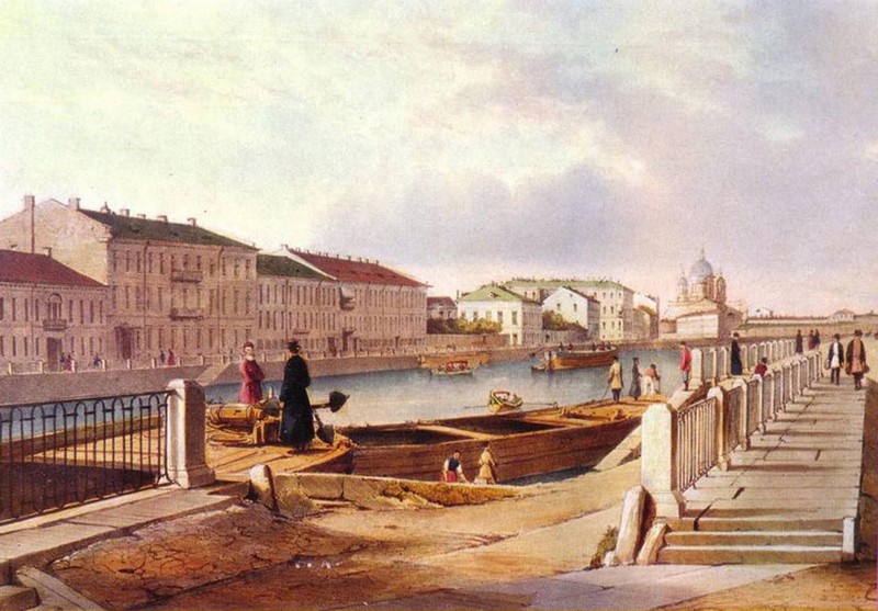 Ф. Перро. "Фонтанка. Вид вниз по течению реки от сада Юсуповского дворца.". 1839-1840.