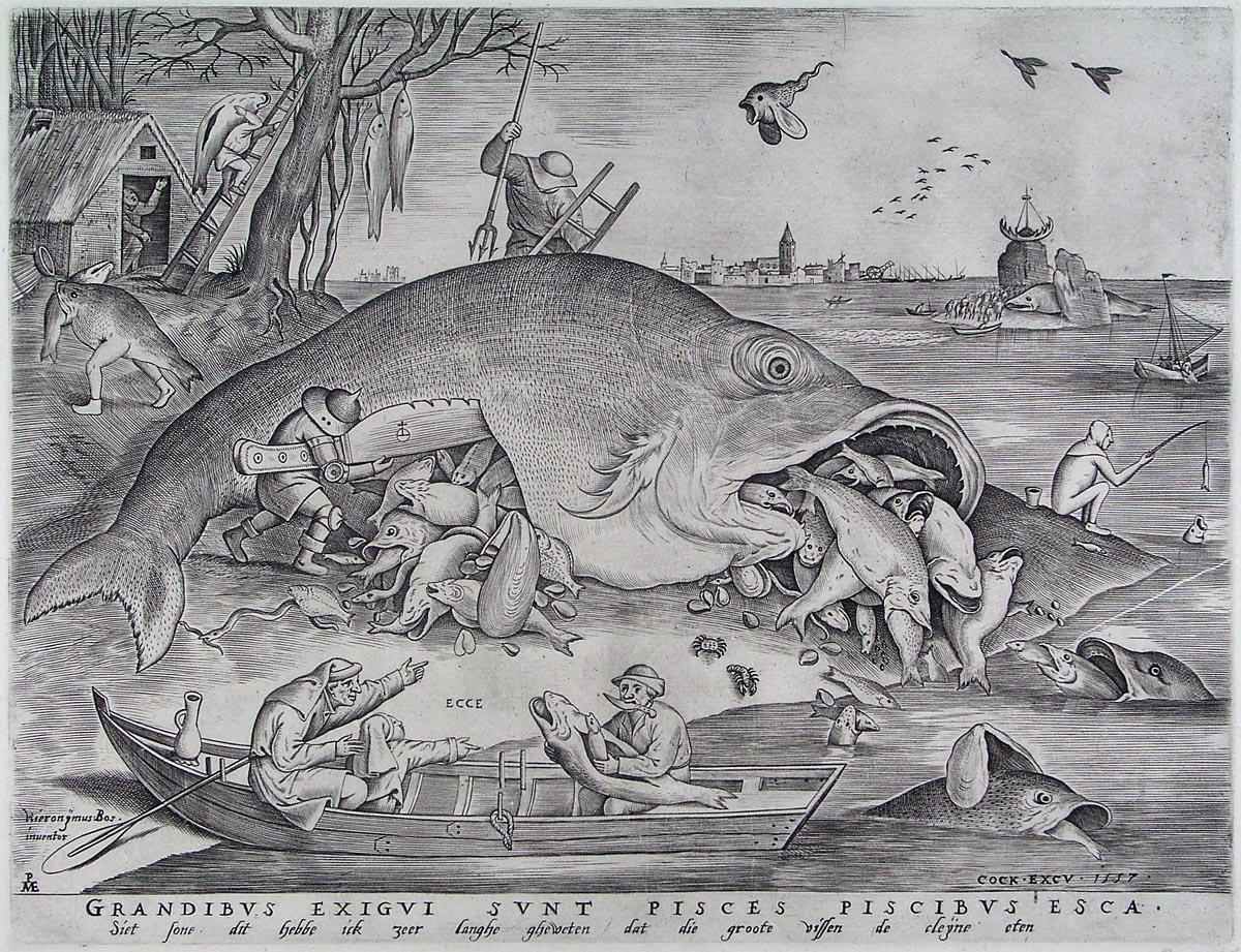 Питер Брейгель Старший. "Большие рыбы пожирают малых рыб". Гравюра. 1556.