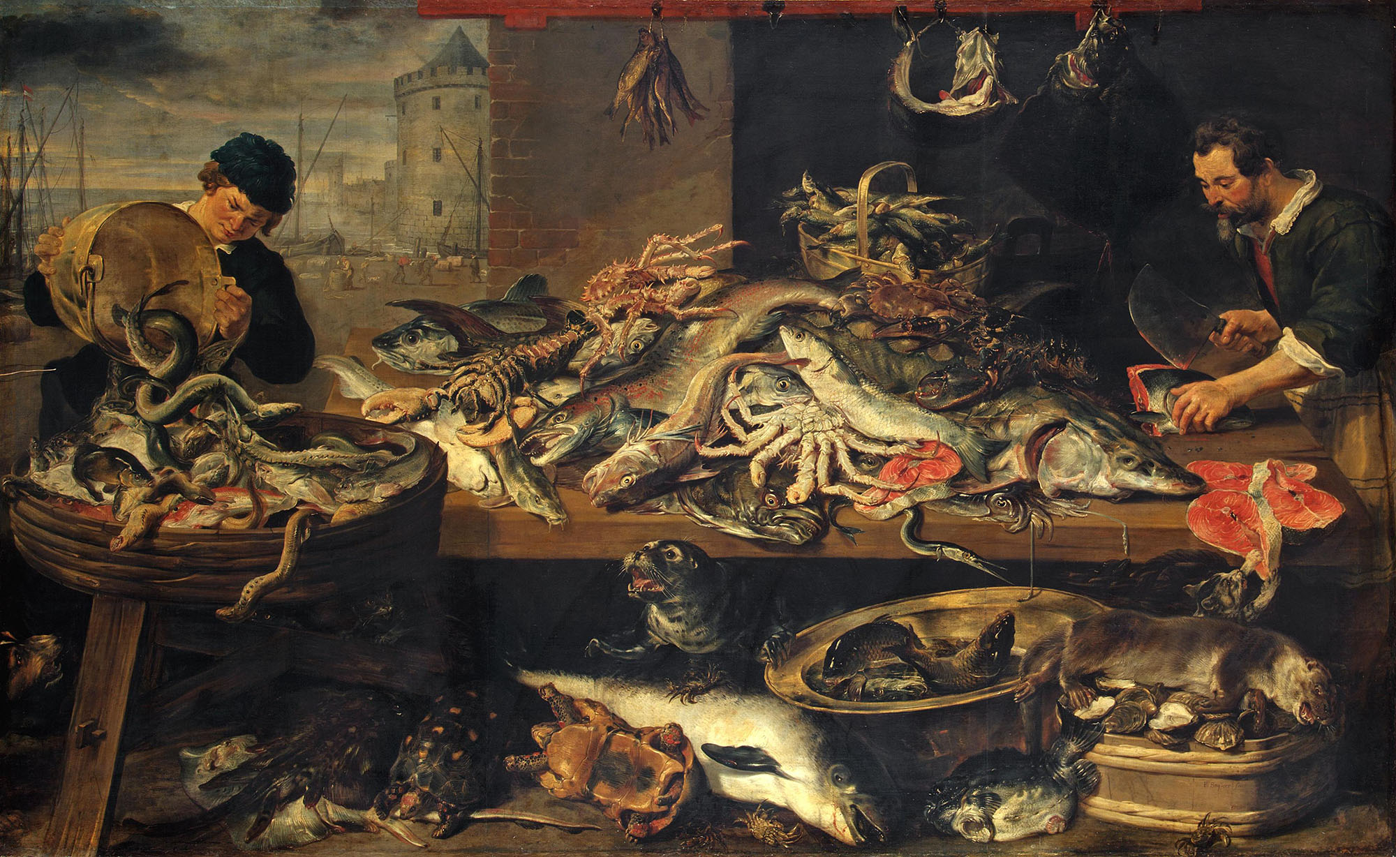 Франс Снейдерс, Ян Вильденс (пейзаж). "Рыбная лавка". Между 1618-1621. Эрмитаж, Санкт-Петербург.