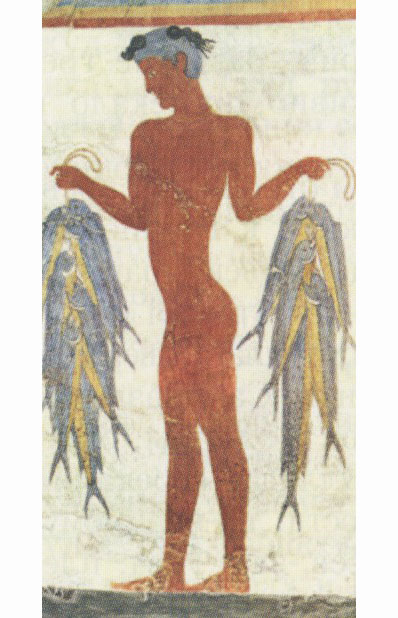 "Юноша с рыбами". Фреска с острова Фера (Тира). XVI век до н. э. Национальный археологический музей, Афины.