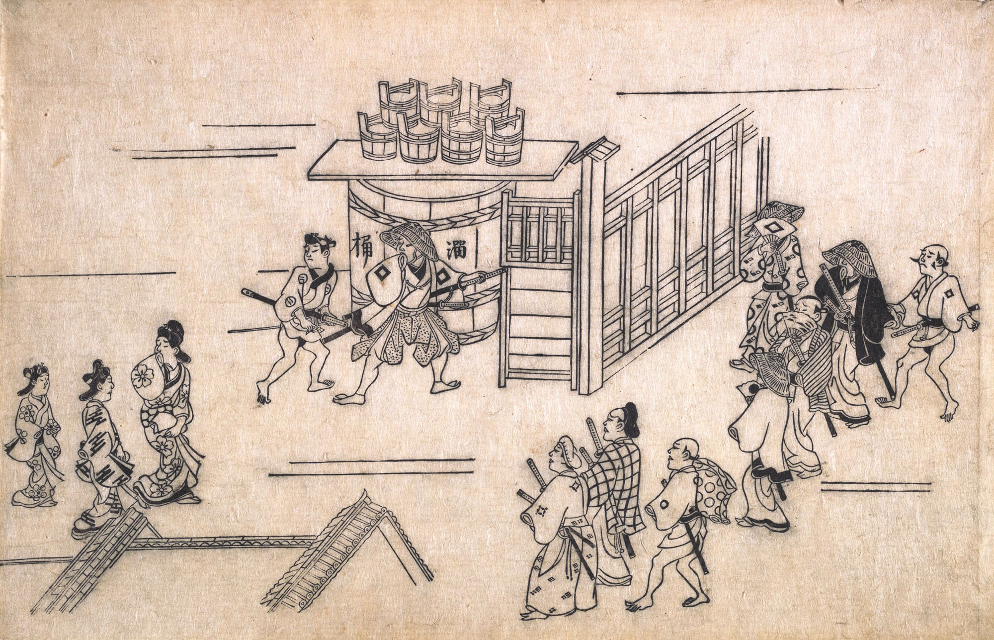Моронобу Хисикава. Сцена 4 в квартале удовольствия на Ёсивара в Эдо. Около 1680.
