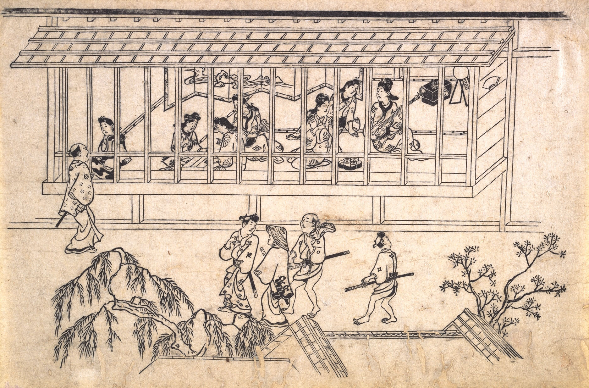 Моронобу Хисикава. Сцена 6 в квартале удовольствия на Ёсивара в Эдо. Около 1680.