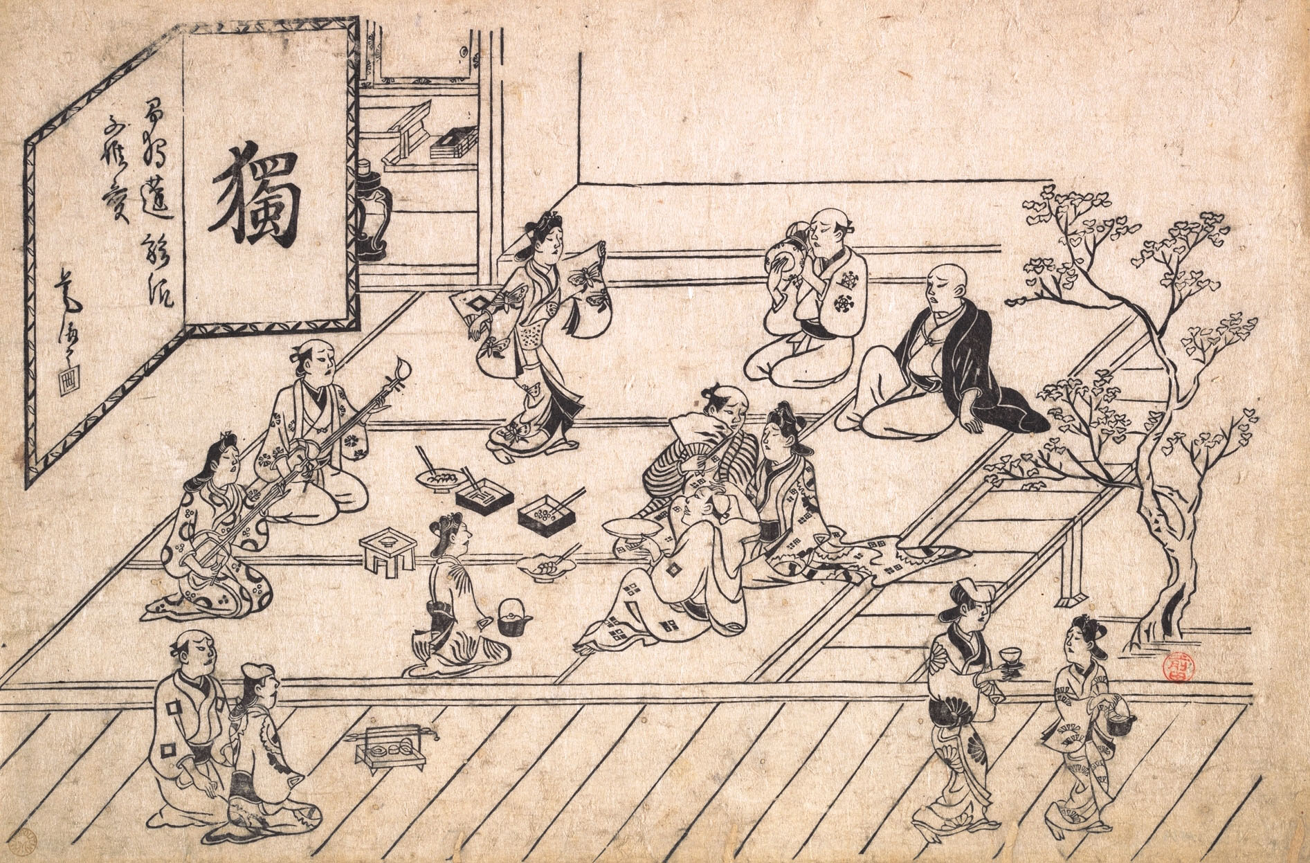 Моронобу Хисикава. Сцена в квартале удовольствия на Ёсивара в Эдо. Около 1680.