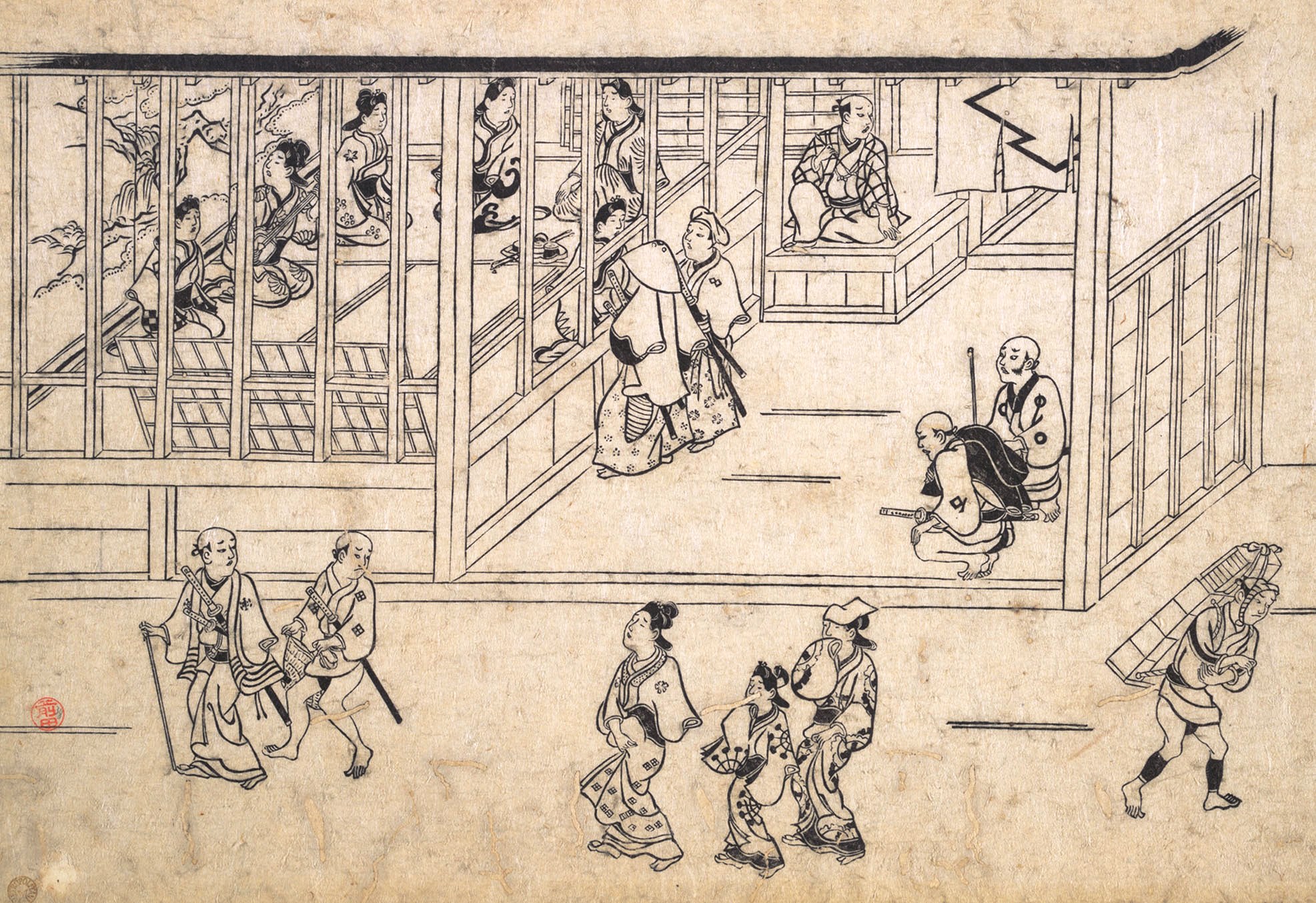 Моронобу Хисикава. Сцена в квартале удовольствия на Ёсивара в Эдо. Около 1680.