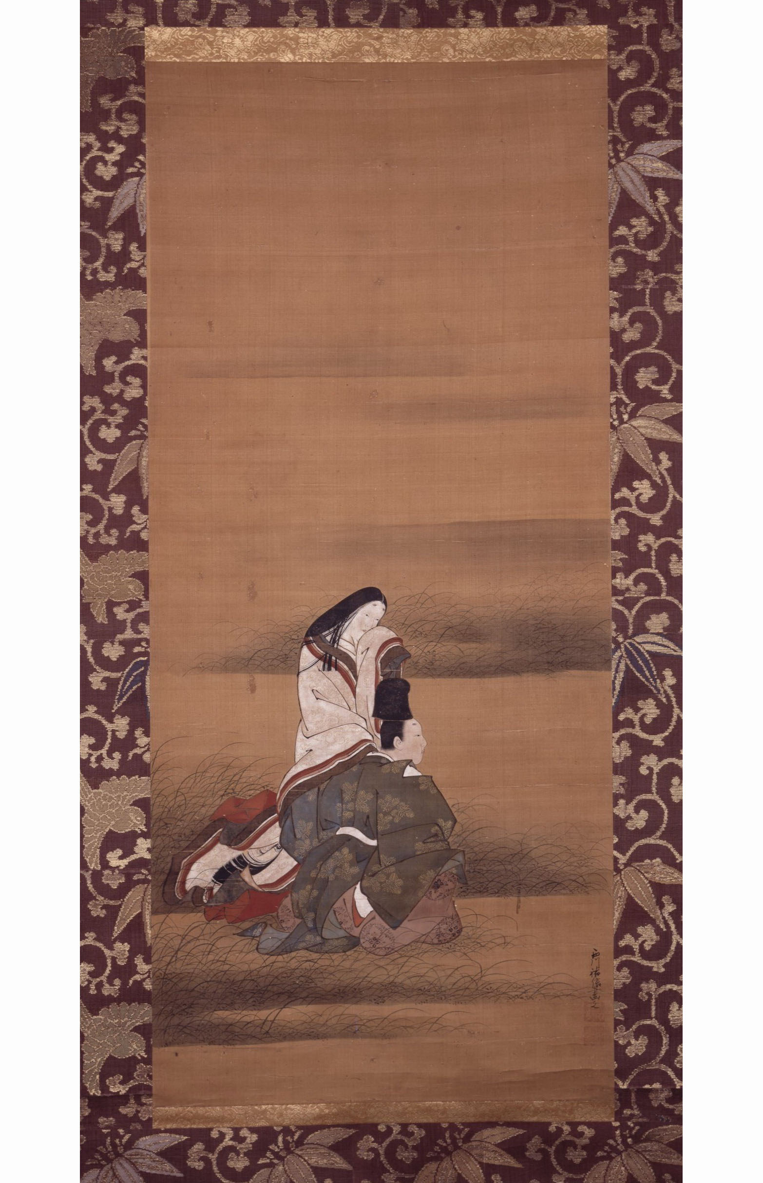 Нисикава Сукэнобу. Сцена из Исэ-моногатари. Влюблённые, скрывающиеся в густой траве. 1736-1748.