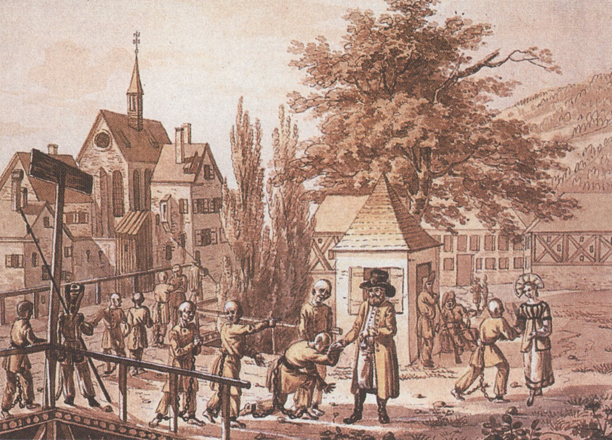 Каторжники просят милостыню в сибирском селе Николаевском. По рисунку Л. Бомануара. 1790-е.