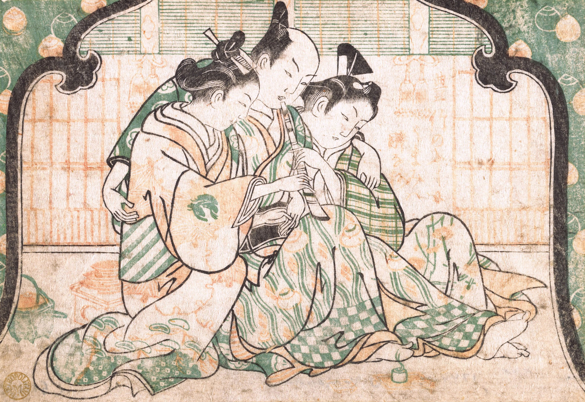 Окумура Масанобу. Молодой человек, сидящий между двумя женщинами. Около 1749.