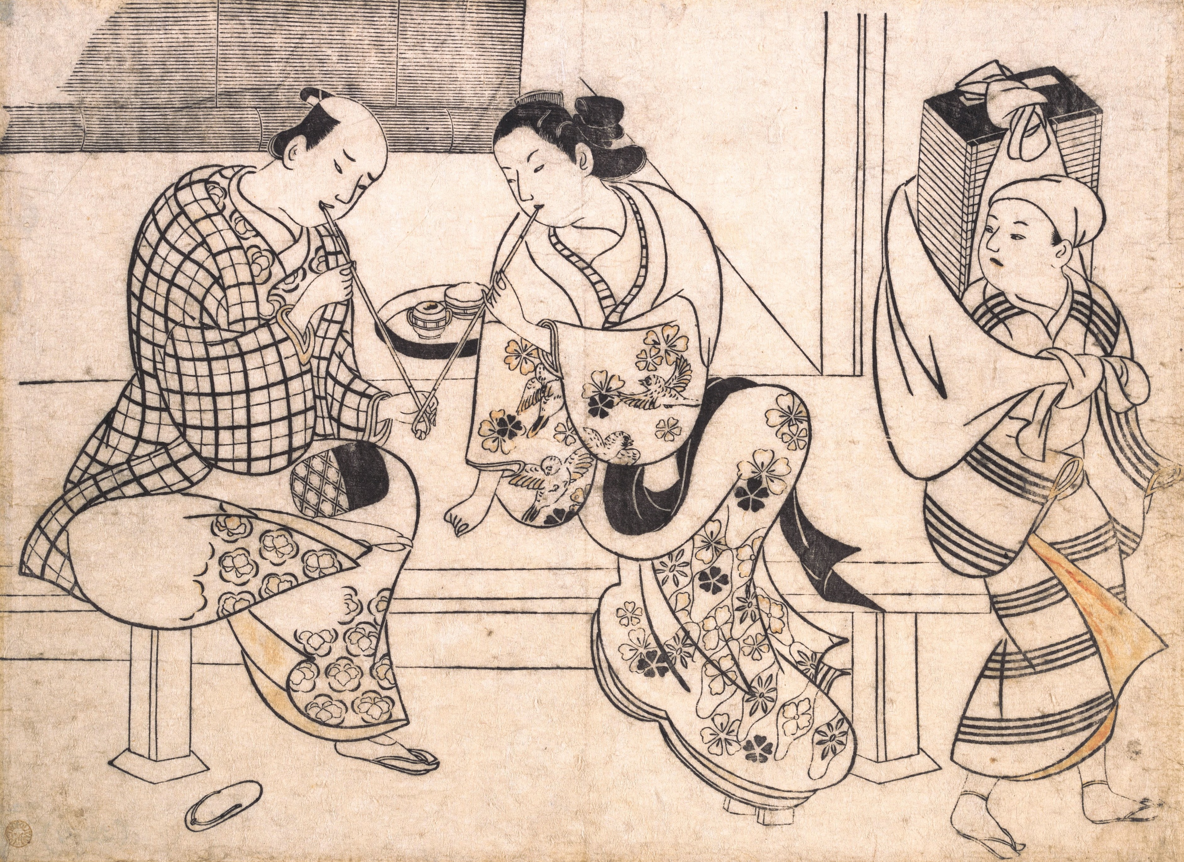 Окумура Масанобу. Мужчина прикуривает трубку у сидящей рядом с ним женщины.