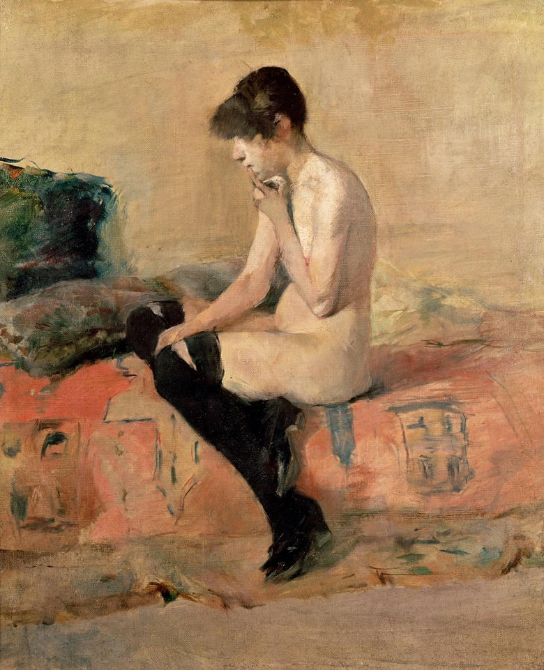 Анри де Тулуз-Лотрек. Обнажённая женщина сидит на диване. 1882.