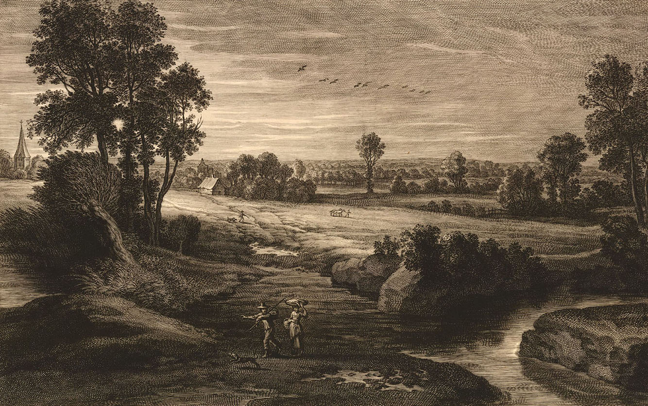 Гравёр - Шелте Адамс Болсверт. Живописный оригинал - Питер Пауль Рубенс. "Пейзаж с двумя путниками и собакой". Около 1638.