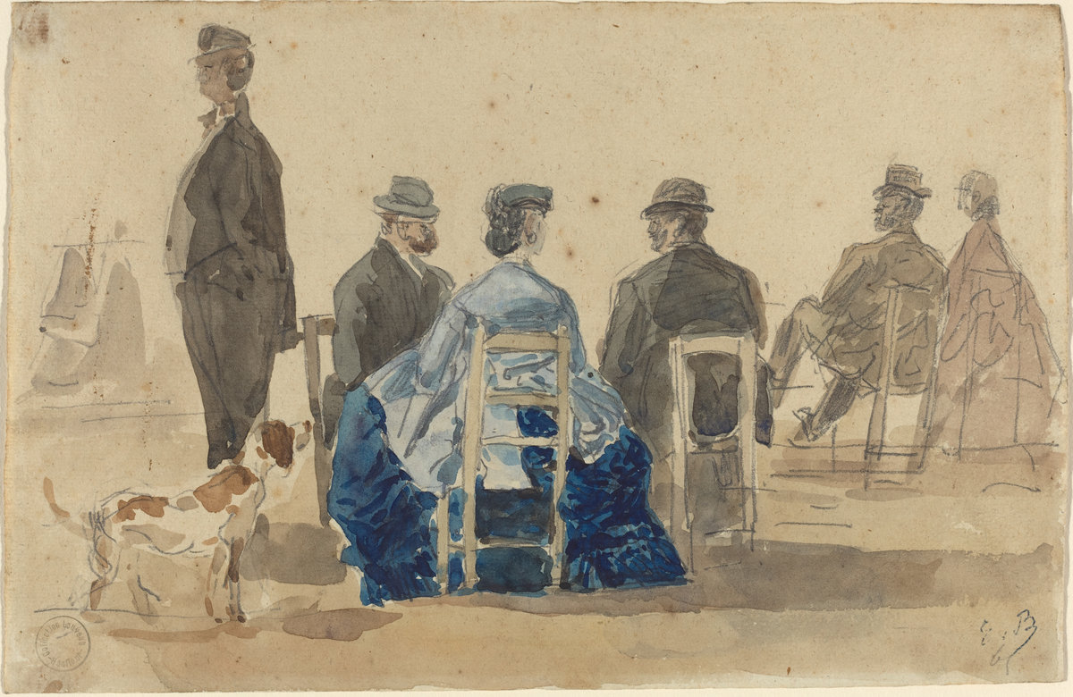 Эжен Буден. "Дамы и господа, сидящие на пляже, с собакой". 1866. Национальная галерея искусства, Вашингтон.