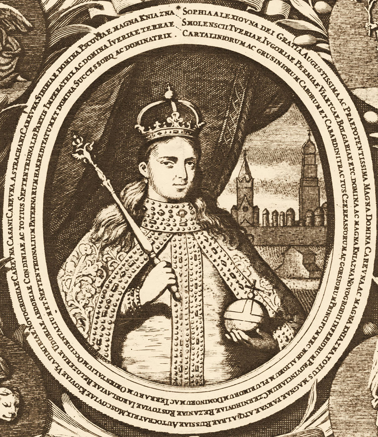 Гравюра Л. Тарасевича. "Софья Алексеевна". 1680-е.