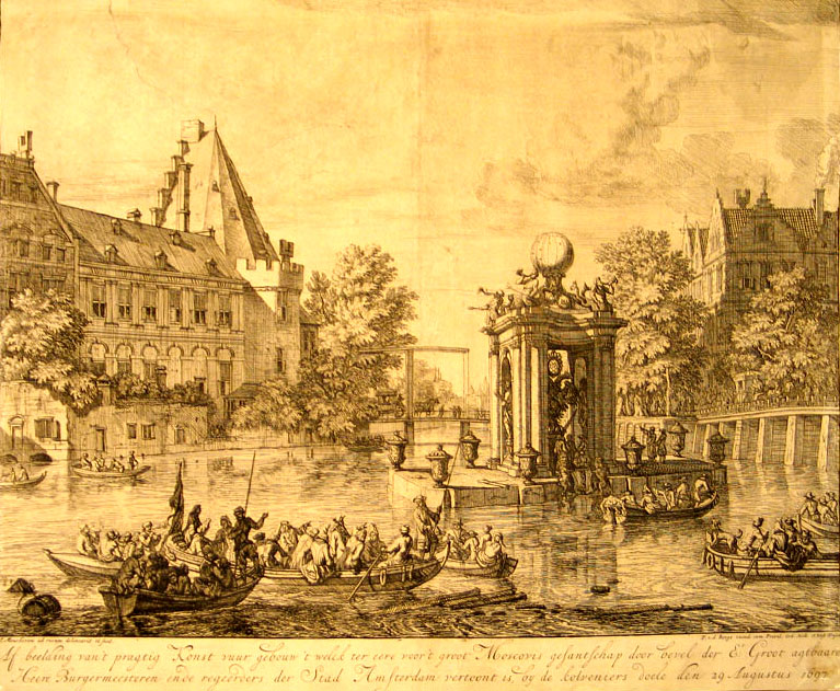 Ван ден Берге. Примерное морское сражение, данное в честь Великого Посольства Петра I в 1697 году в Амстердаме. Гравюра по оригиналу И. Мушерона.