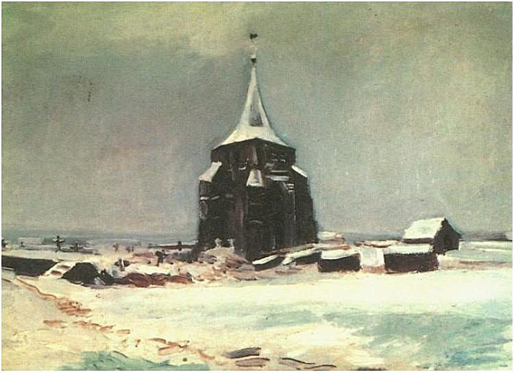 Винсент Ван Гог. "Старая кладбищенская башня в Нейнене в снег". 1885. Частная коллекция.